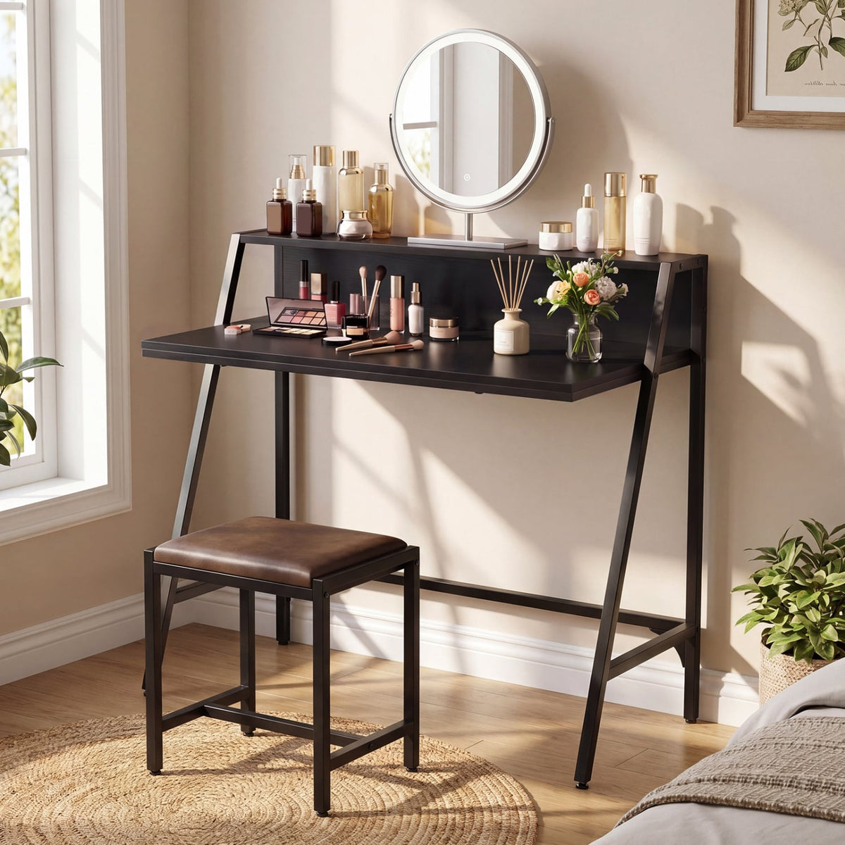 31.5 inches Industrial Desk with Raised Shelf Metal Frame-Black view 2