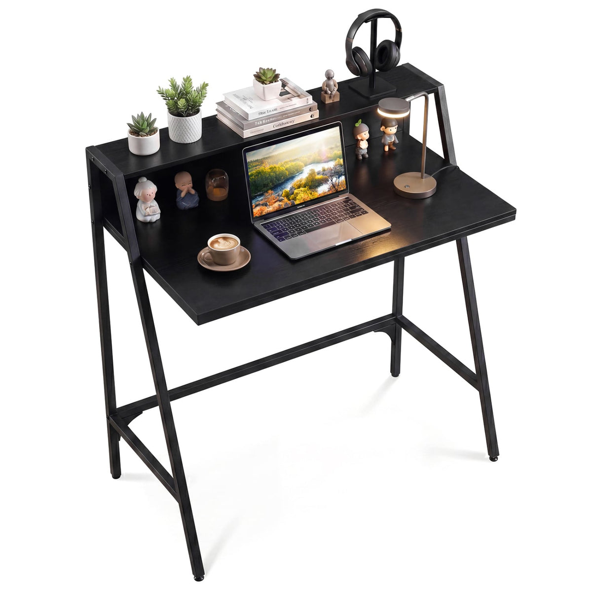 31.5 inches Industrial Desk with Raised Shelf Metal Frame-Black
