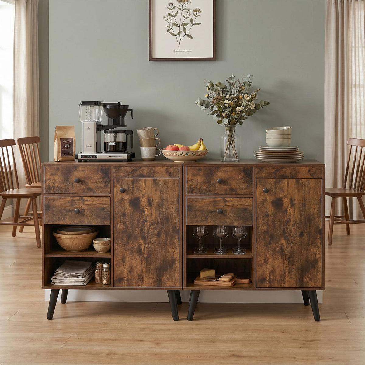 31 inches Sideboard Cabinet with 2 Open Compartments and 2 Drawers-Rustic Brown view 2