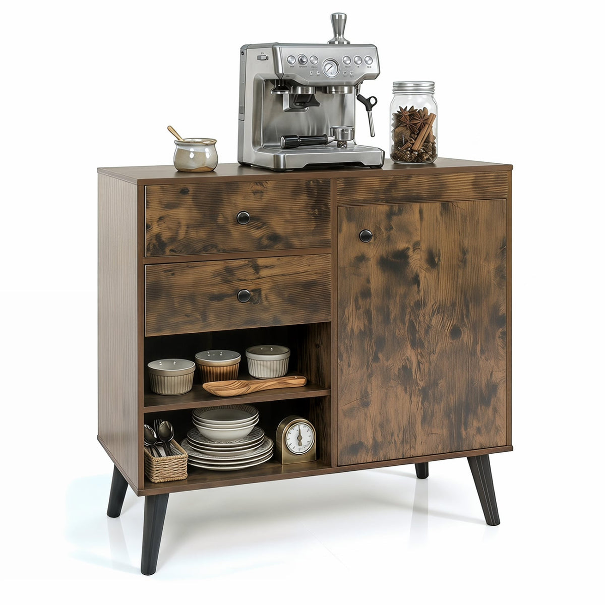 31 inches Sideboard Cabinet with 2 Open Compartments and 2 Drawers-Rustic Brown view 4