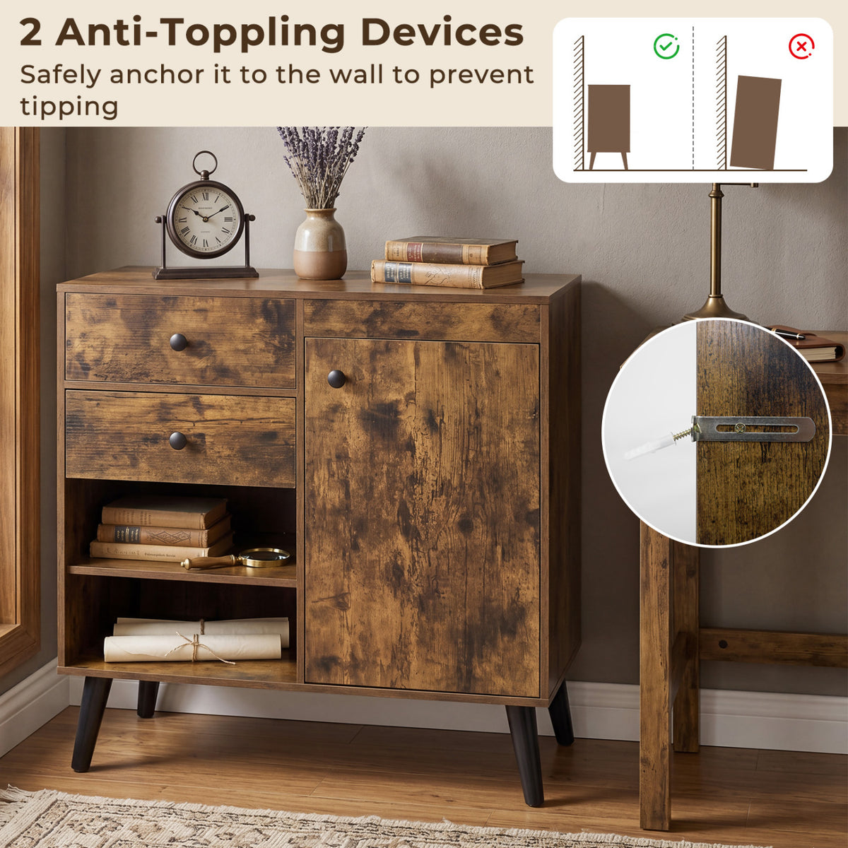 31 inches Sideboard Cabinet with 2 Open Compartments and 2 Drawers-Rustic Brown view 7