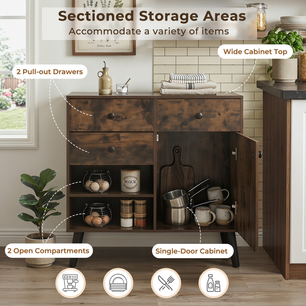 31 inches Sideboard Cabinet with 2 Open Compartments and 2 Drawers-Rustic Brown view 8