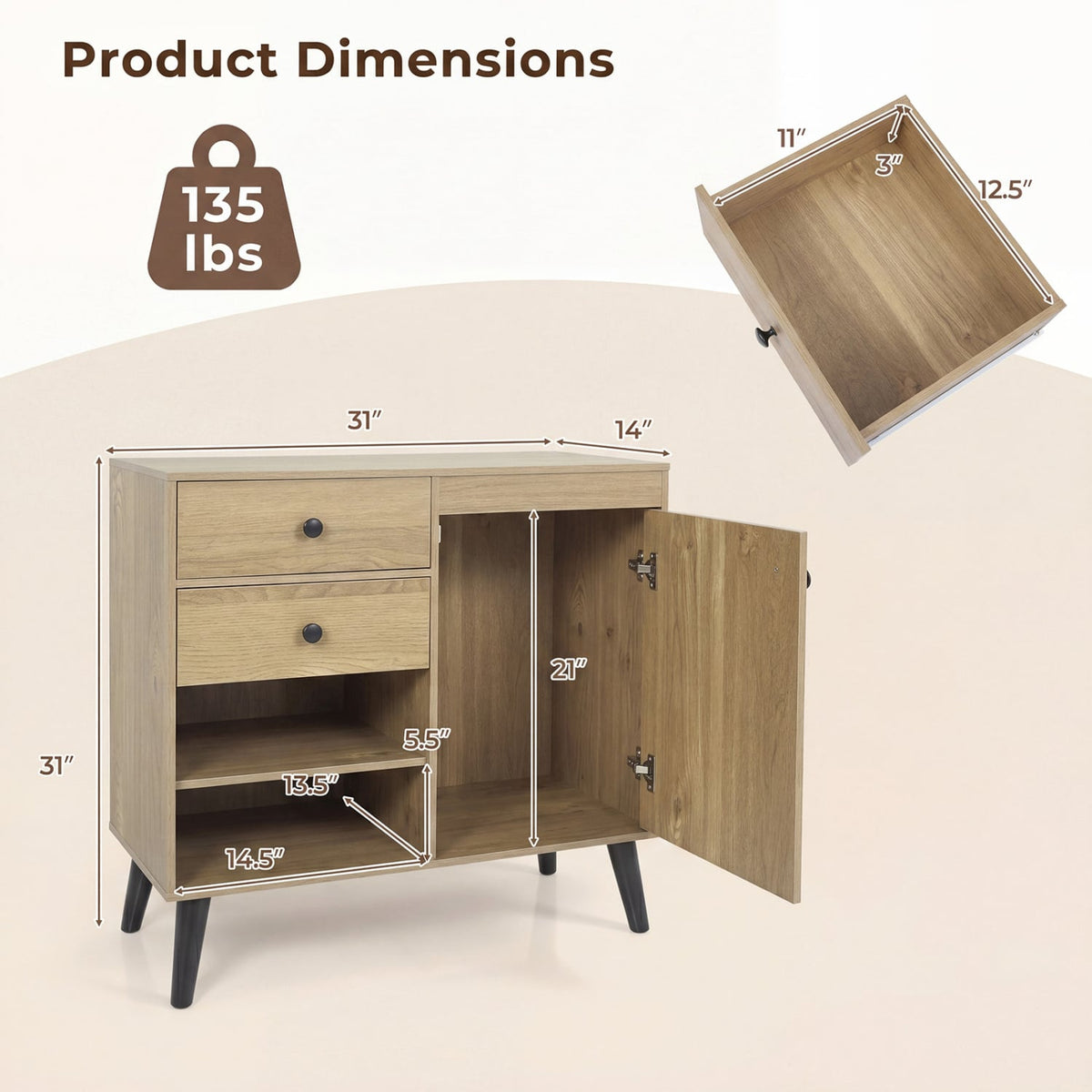 31 inches Sideboard Cabinet with 2 Open Compartments and 2 Drawers-Natrual view 5
