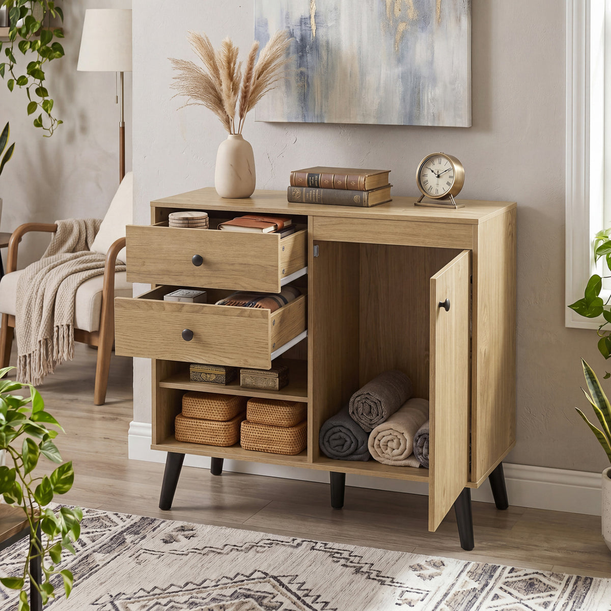 31 inches Sideboard Cabinet with 2 Open Compartments and 2 Drawers-Natrual view 6