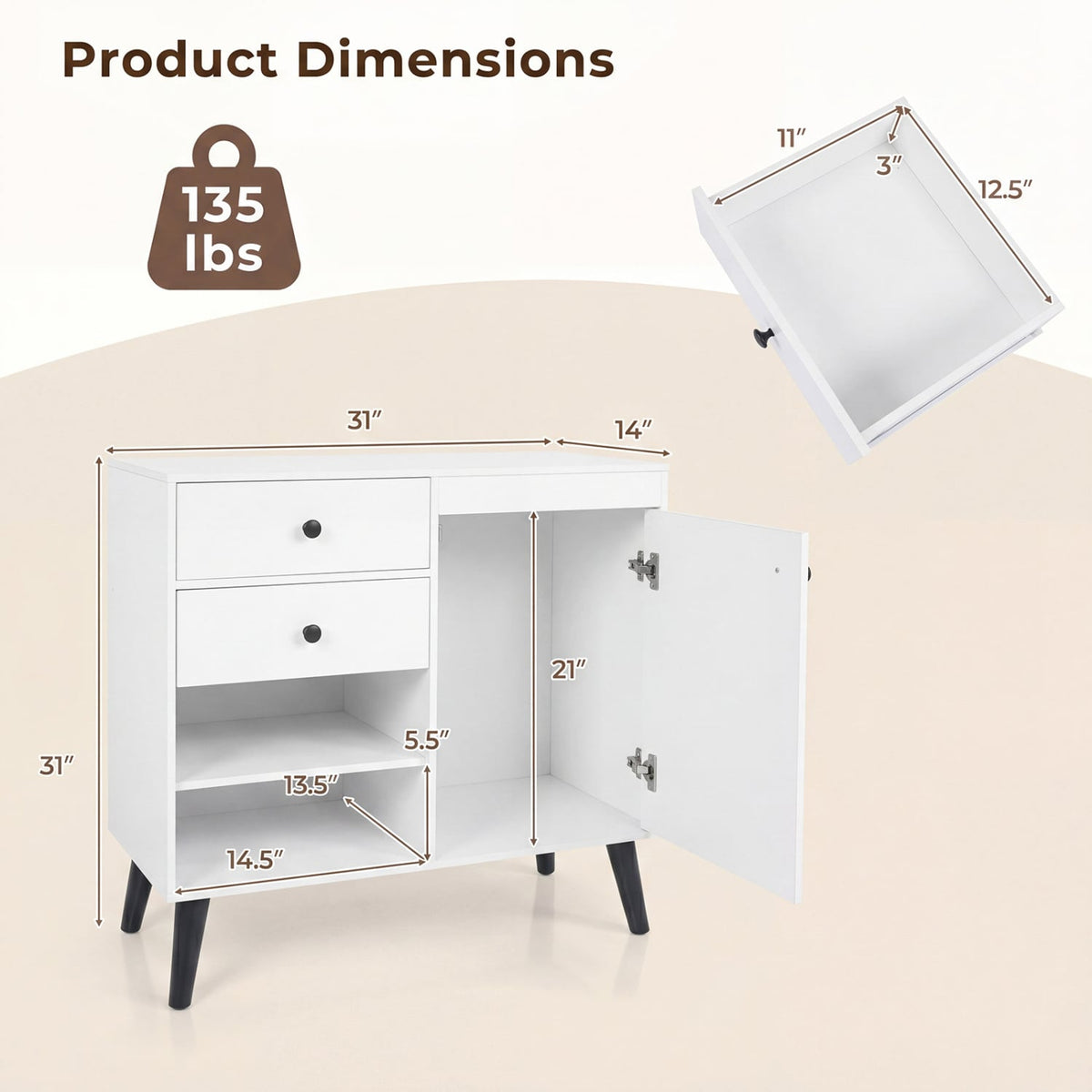 31 inches Sideboard Cabinet with 2 Open Compartments and 2 Drawers-White view 5