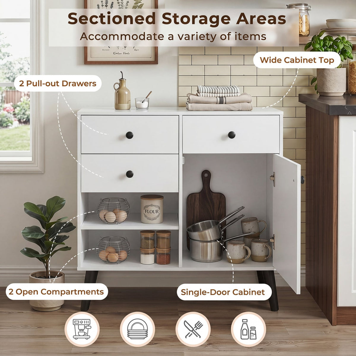 31 inches Sideboard Cabinet with 2 Open Compartments and 2 Drawers-White view 7