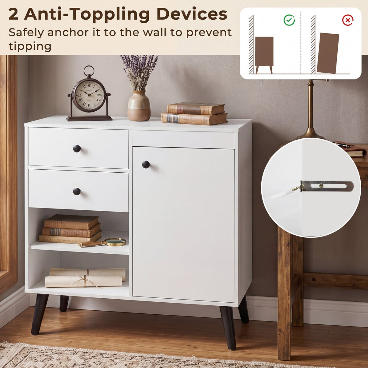 31 inches Sideboard Cabinet with 2 Open Compartments and 2 Drawers-White view 8