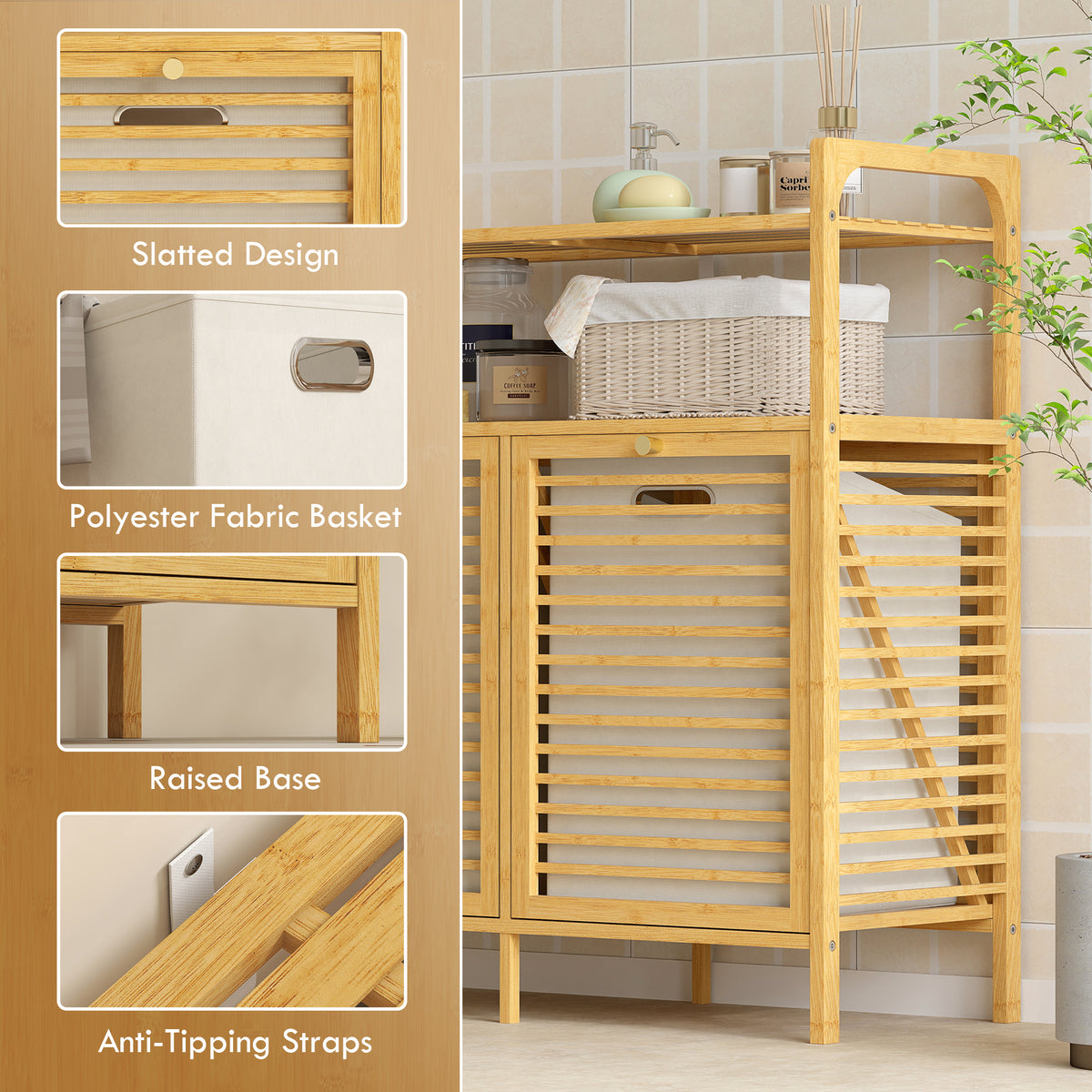 Tilt Out Laundry Hamper, Bamboo Laundry Cabinet with 2 Removable Baskets and 2-Tier Shelves for Laundry Room, Natural