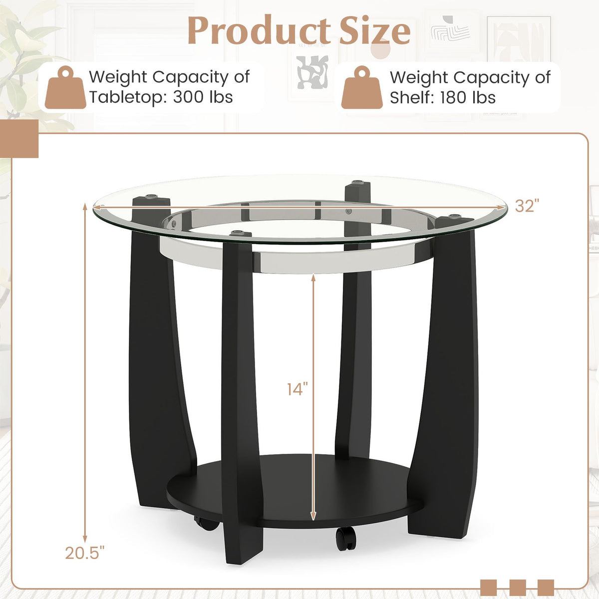 32 inches 2-Tier Glass Round Coffee Table with Storage Shelf-Black view 5