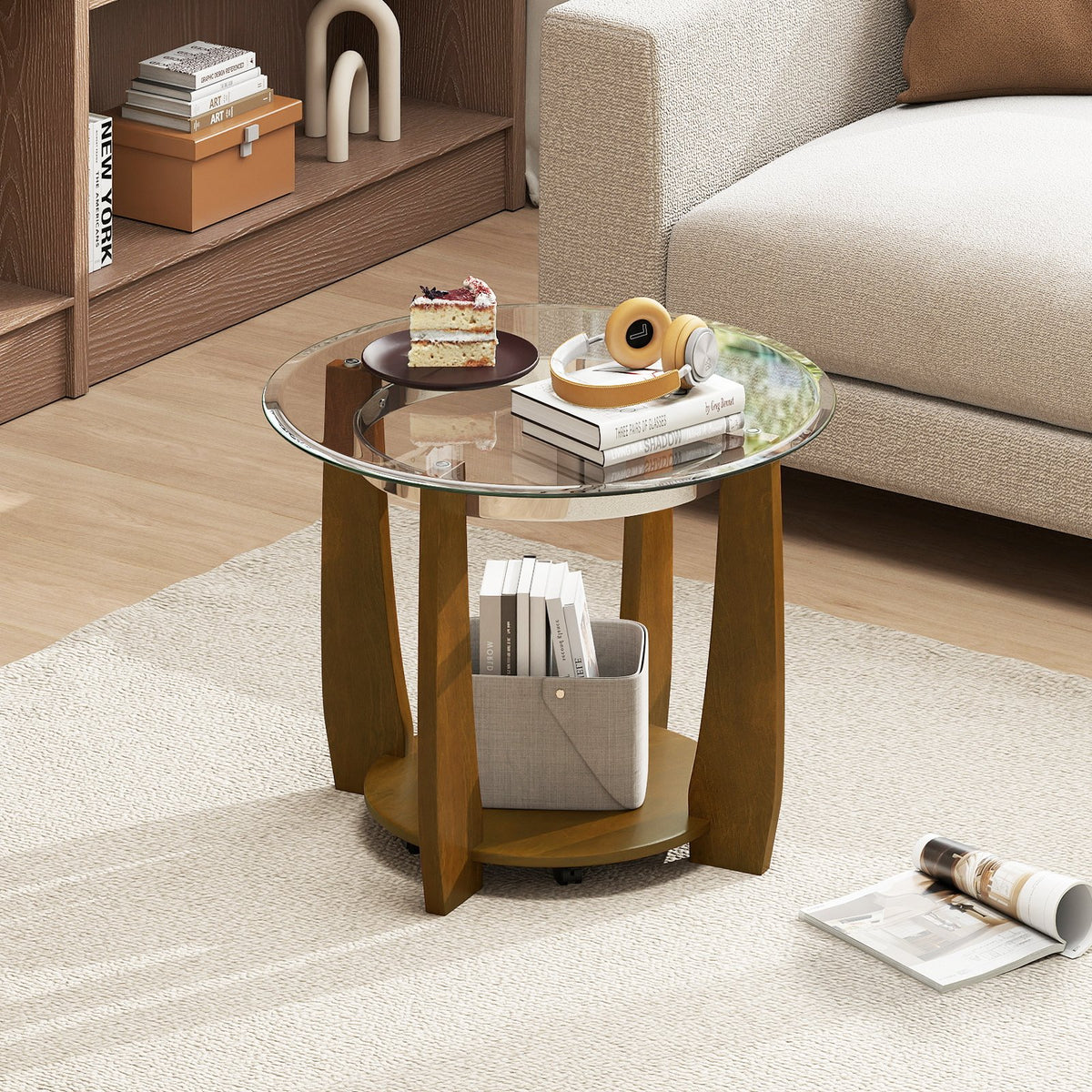 32 inches 2-Tier Glass Round Coffee Table with Storage Shelf-Walnut view 2