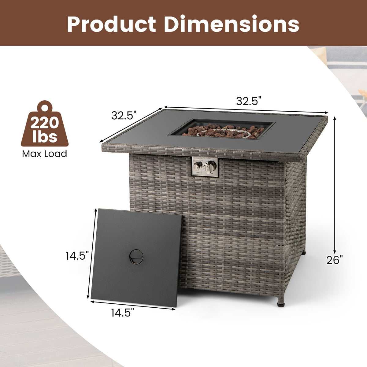 32.5 Inch Propane Fire Pit Table 5000 BTU with Tempered Glass Tabletop-Gray view 4