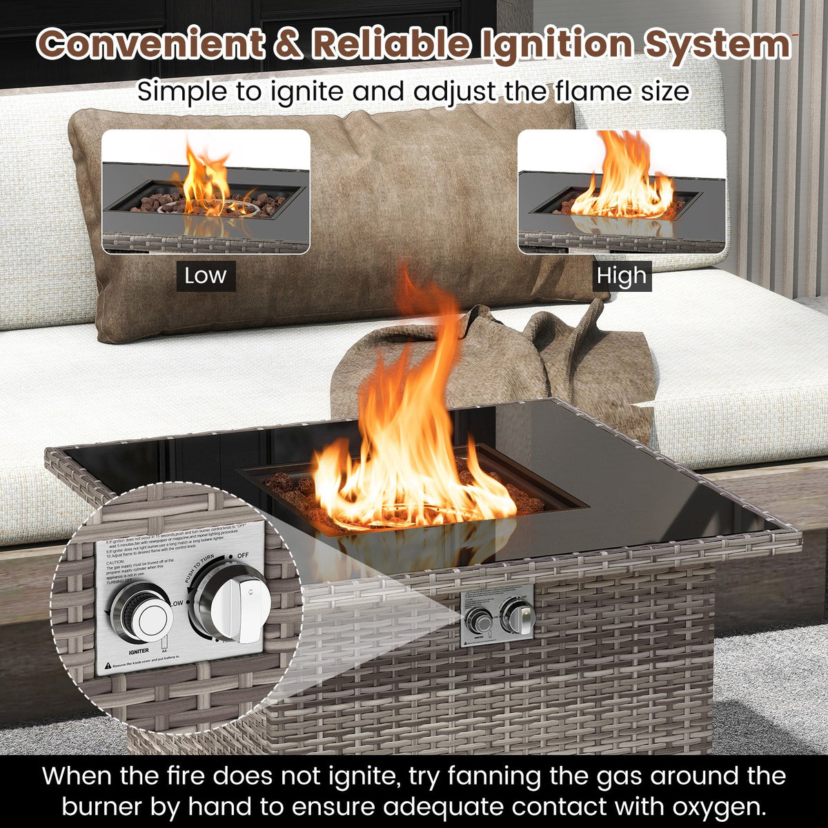 32.5 Inch Propane Fire Pit Table 5000 BTU with Tempered Glass Tabletop-Gray view 5