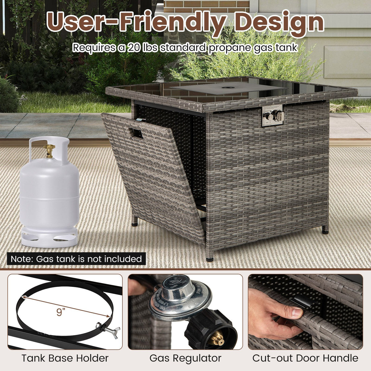 32.5 Inch Propane Fire Pit Table 5000 BTU with Tempered Glass Tabletop-Gray view 8