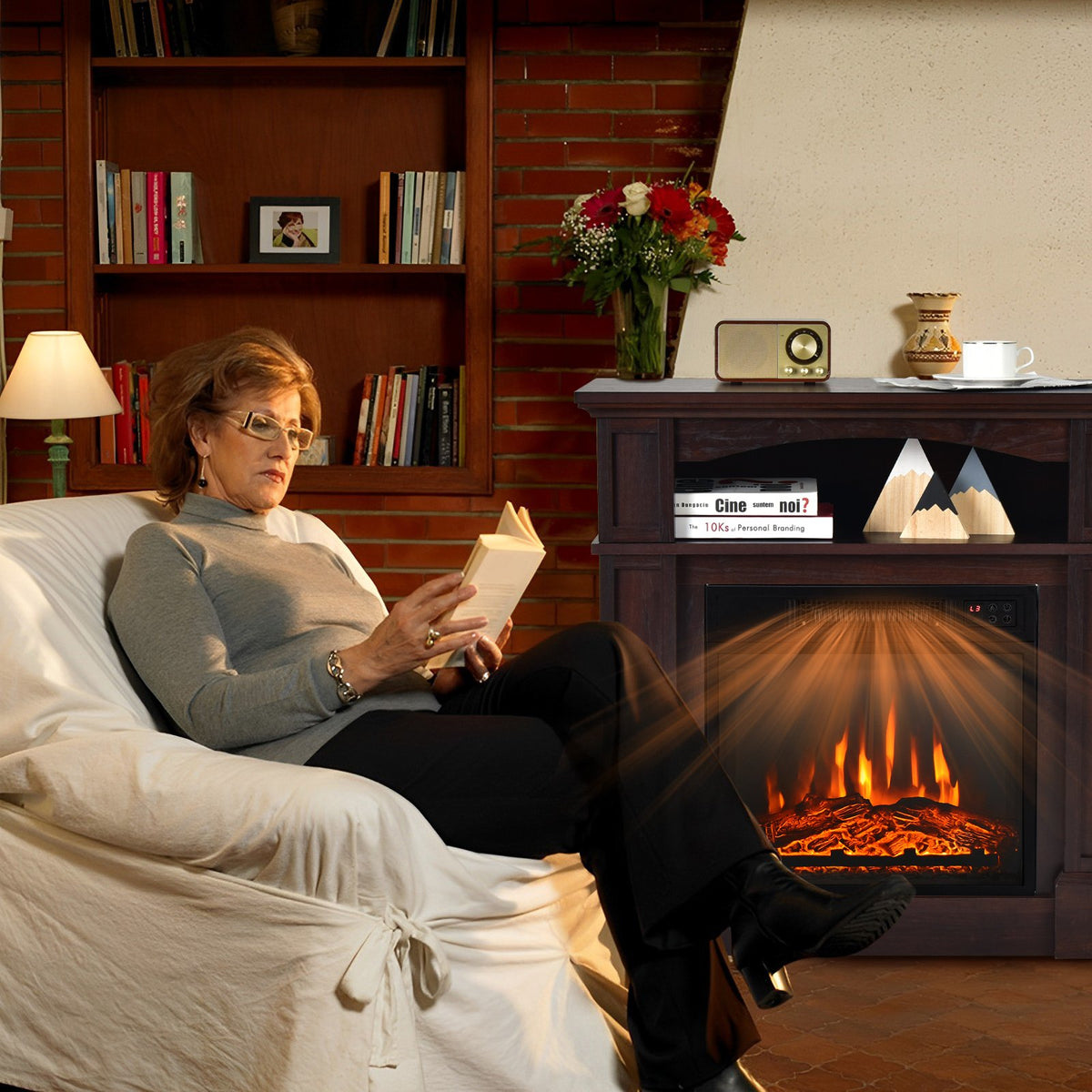 32 Inch 1400W Electric TV Stand Fireplace with Shelf-Natural view 3