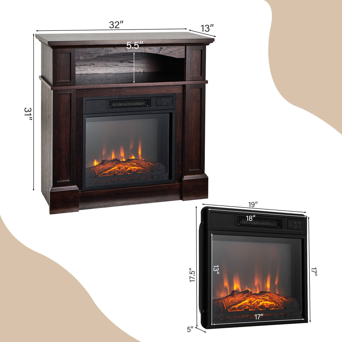 32 Inch 1400W Electric TV Stand Fireplace with Shelf-Natural view 5