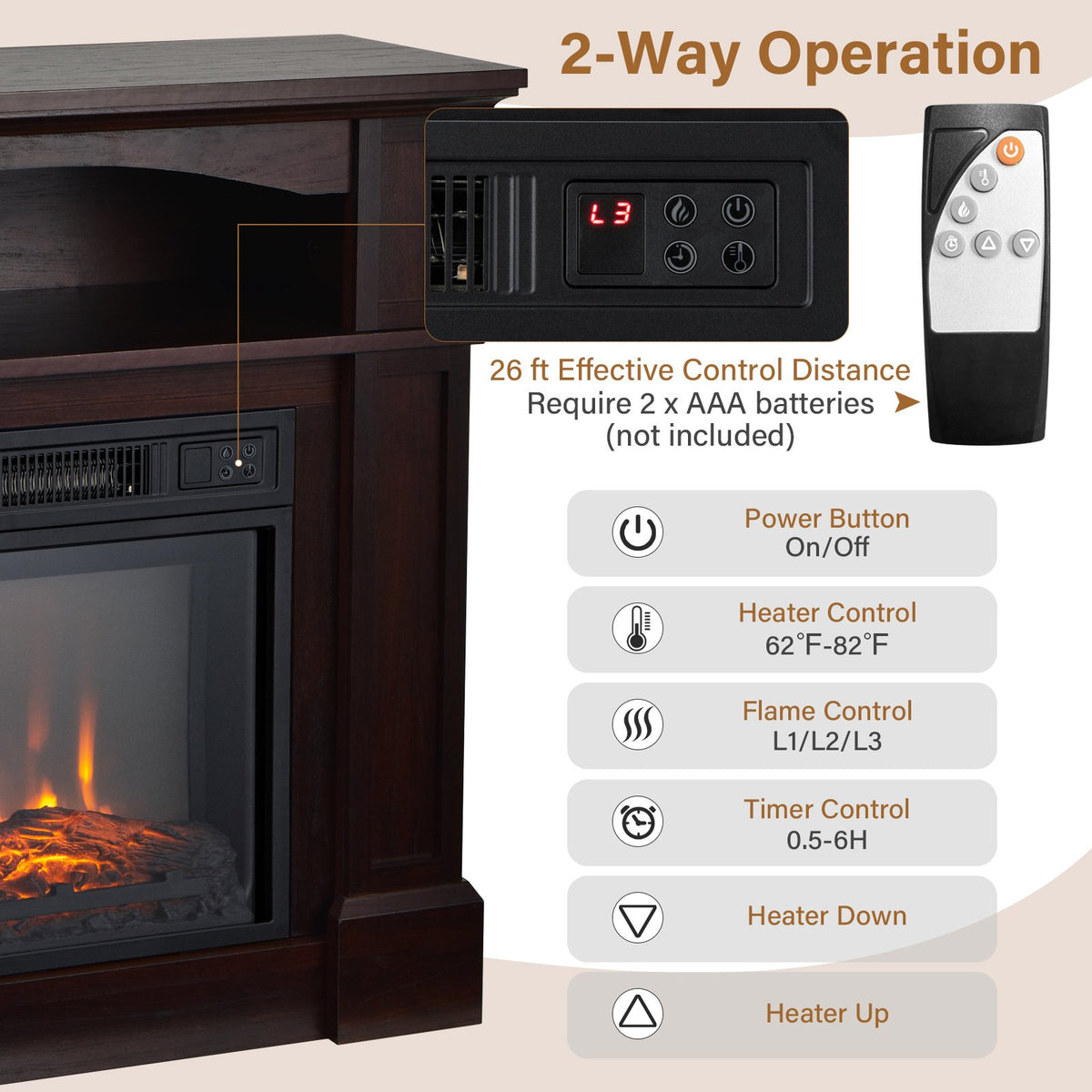 32 Inch 1400W Electric TV Stand Fireplace with Shelf-Natural view 6