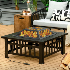 32 Inch 3 in 1 Outdoor Square Fire Pit Table with BBQ Grill and Rain Cover for Camping view 2
