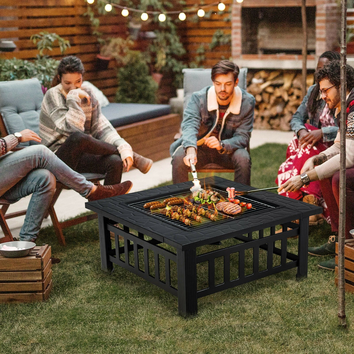 32 Inch 3 in 1 Outdoor Square Fire Pit Table with BBQ Grill and Rain Cover for Camping view 3