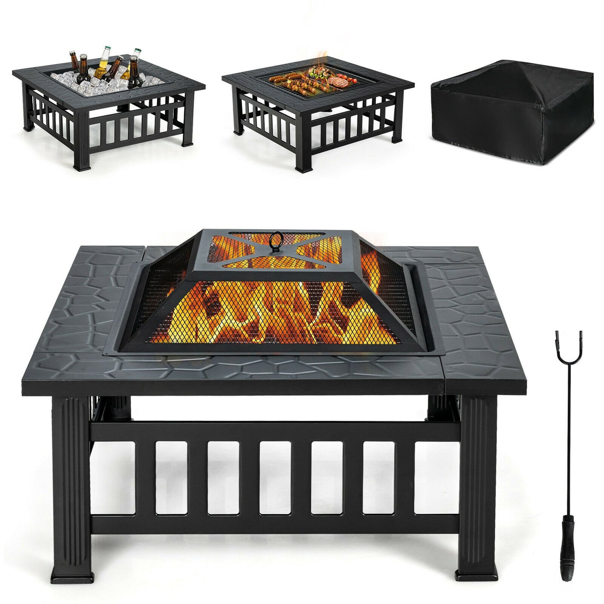 32 Inch 3 in 1 Outdoor Square Fire Pit Table with BBQ Grill and Rain Cover for Camping view 4