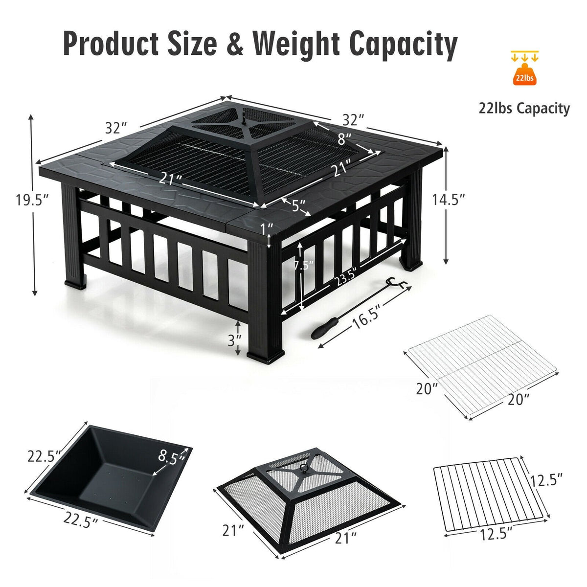 32 Inch 3 in 1 Outdoor Square Fire Pit Table with BBQ Grill and Rain Cover for Camping view 5