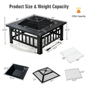 32 Inch 3 in 1 Outdoor Square Fire Pit Table with BBQ Grill and Rain Cover for Camping view 5