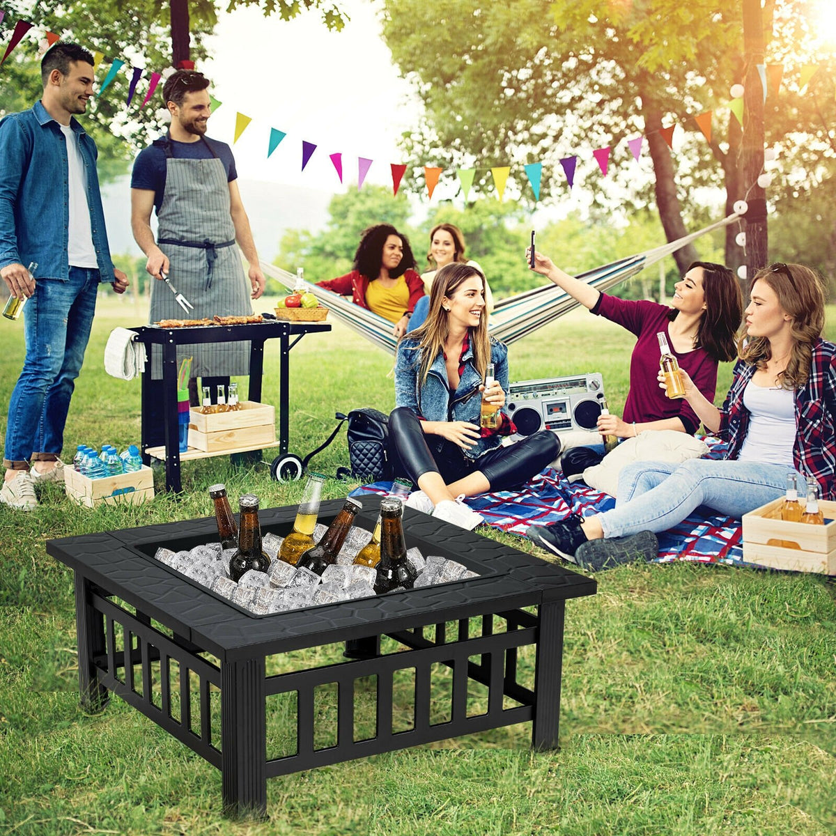32 Inch 3 in 1 Outdoor Square Fire Pit Table with BBQ Grill and Rain Cover for Camping view 7