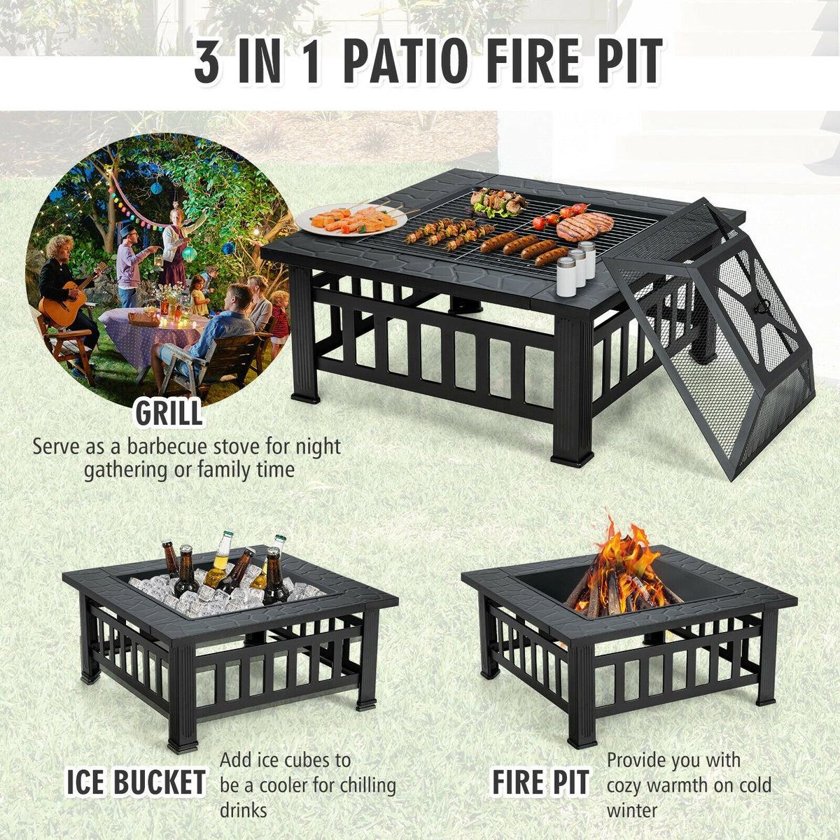 32 Inch 3 in 1 Outdoor Square Fire Pit Table with BBQ Grill and Rain Cover for Camping view 9