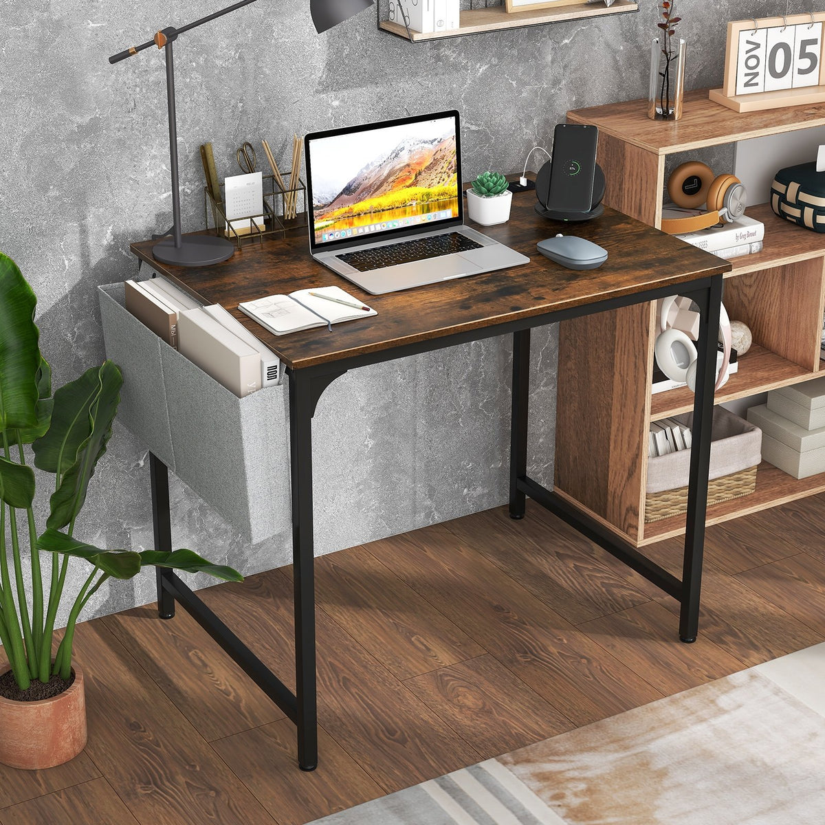 32 Inch Home Office Desk with Charging Station Storage Bag and Headphone Hook-Rustic Brown view 2