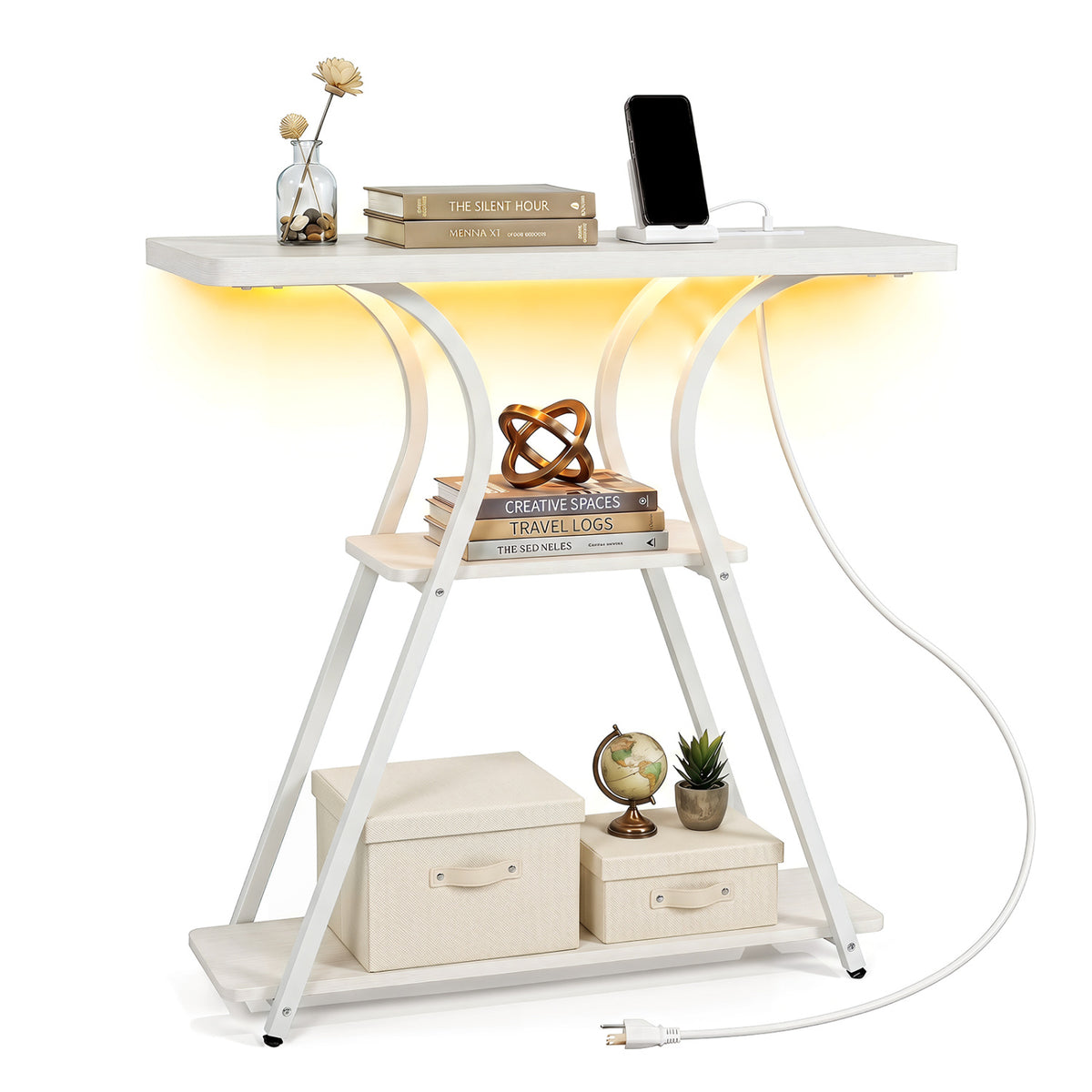 32 Inch Narrow Long Entryway Table with Power Outlets and LED Lights-Oak view 4