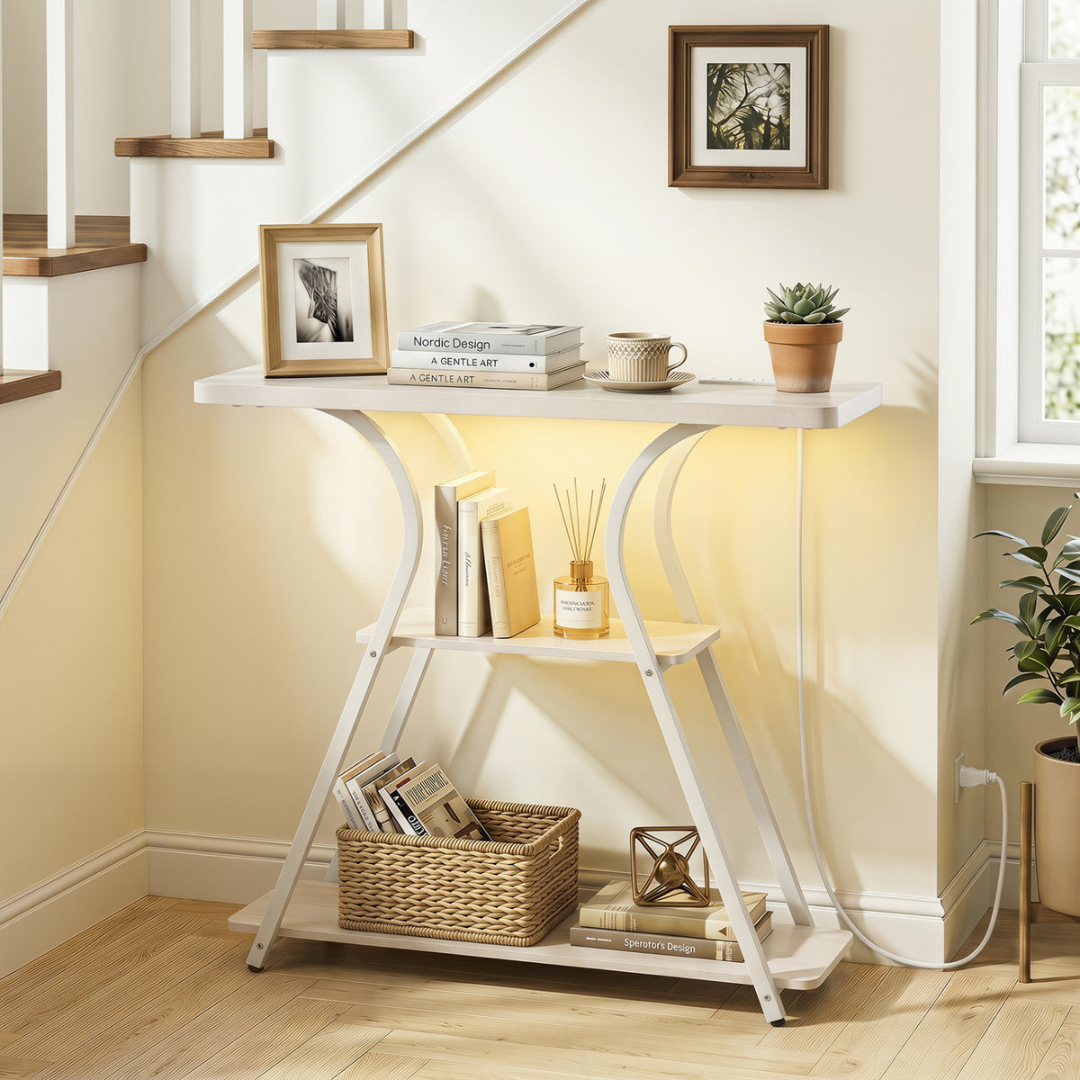 32 Inch Narrow Long Entryway Table with Power Outlets and LED Lights-Oak view 6