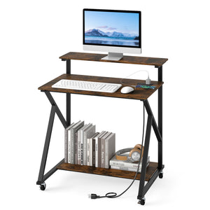 32 Inch Rolling Computer Desk for Small Spaces with Power Outlets-Rustic Brown view 4