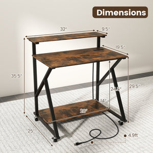 32 Inch Rolling Computer Desk for Small Spaces with Power Outlets-Rustic Brown view 5