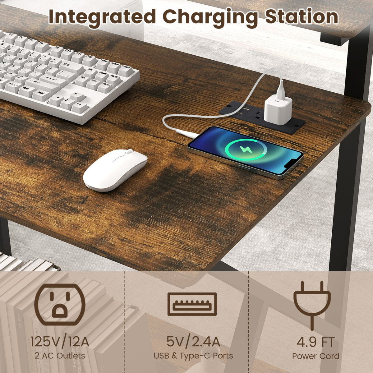32 Inch Rolling Computer Desk for Small Spaces with Power Outlets-Rustic Brown view 8