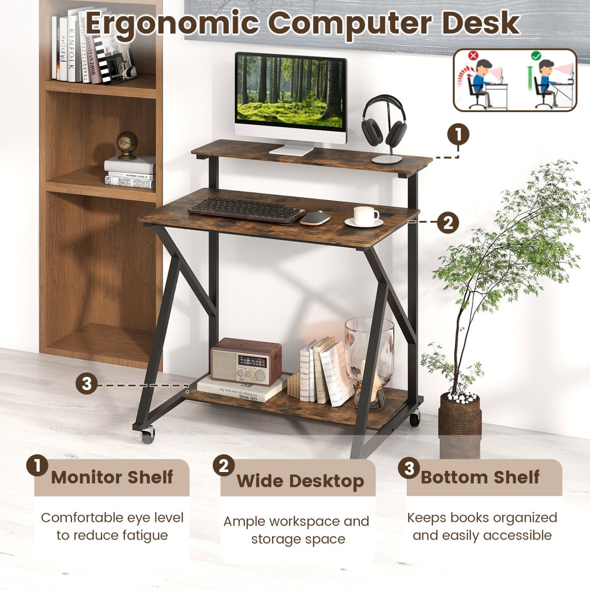 32 Inch Rolling Computer Desk for Small Spaces with Power Outlets-Rustic Brown view 9