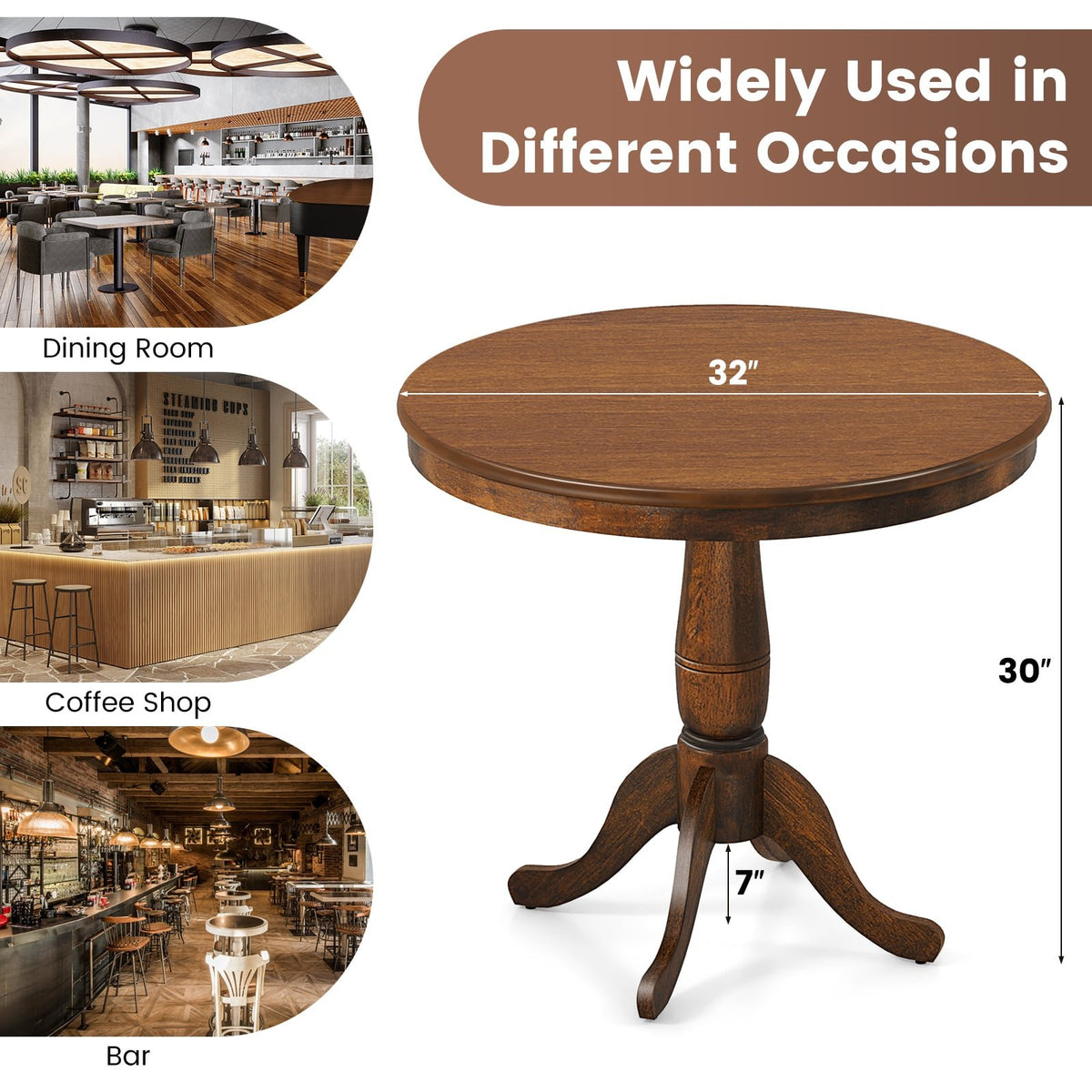 32 Inch Wooden Round Pub Pedestal Side Table-Walnut view 9