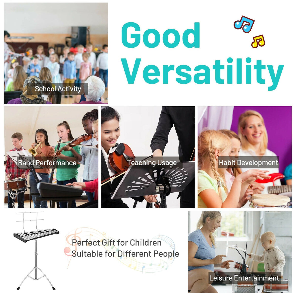 32 Note Glockenspiel Xylophone Percussion Bell Kit with Adjustable Stand view 3