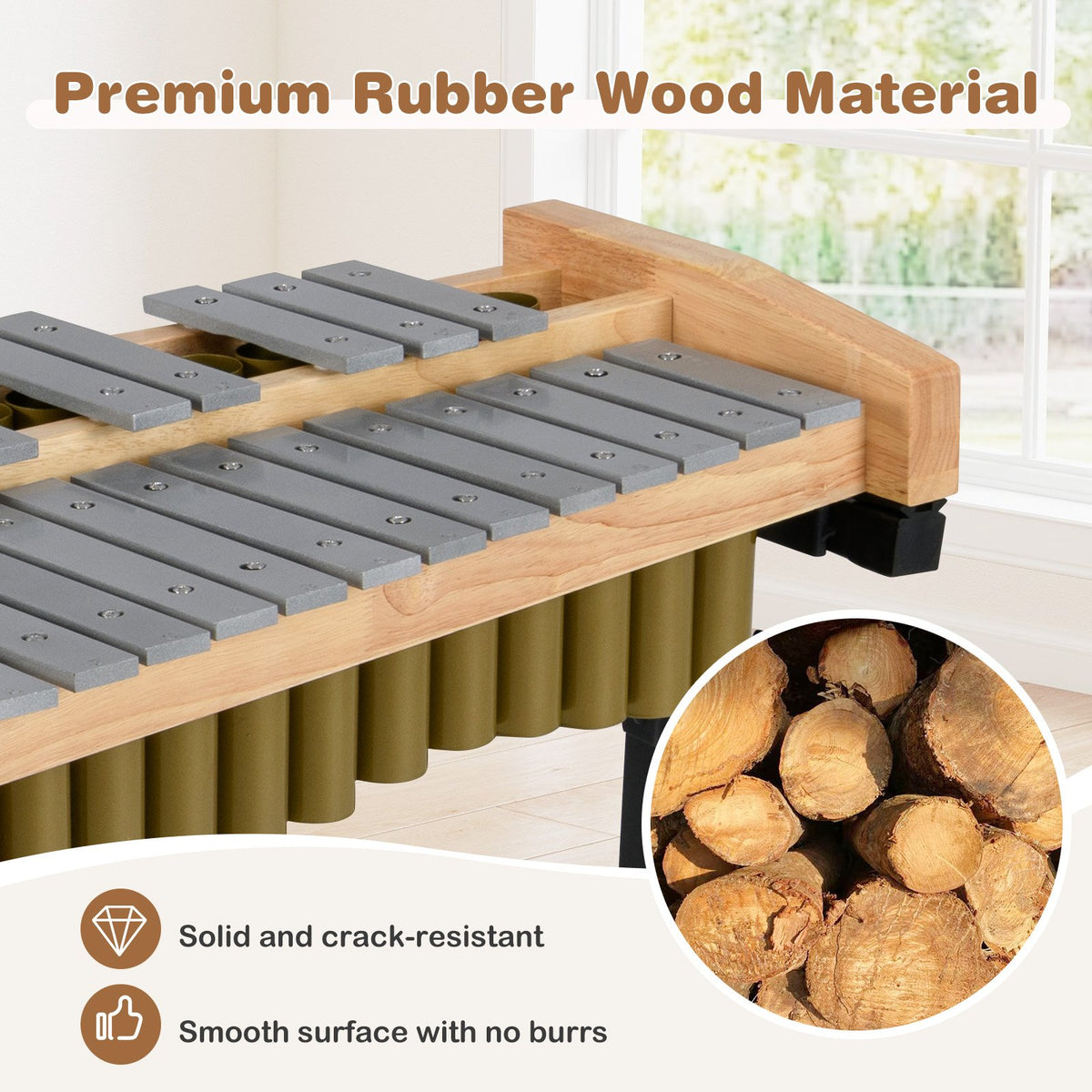 32 Note Marimba Aluminum Xylophone with Rubber Wood Base-Golden view 5