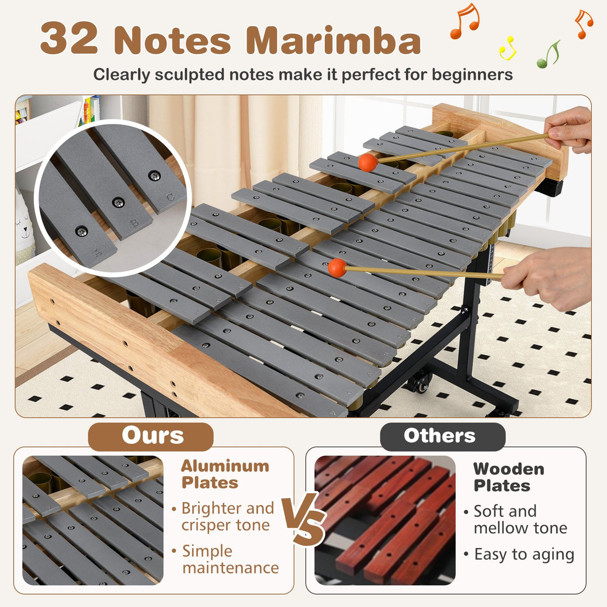 32 Note Marimba Aluminum Xylophone with Rubber Wood Base-Golden view 6