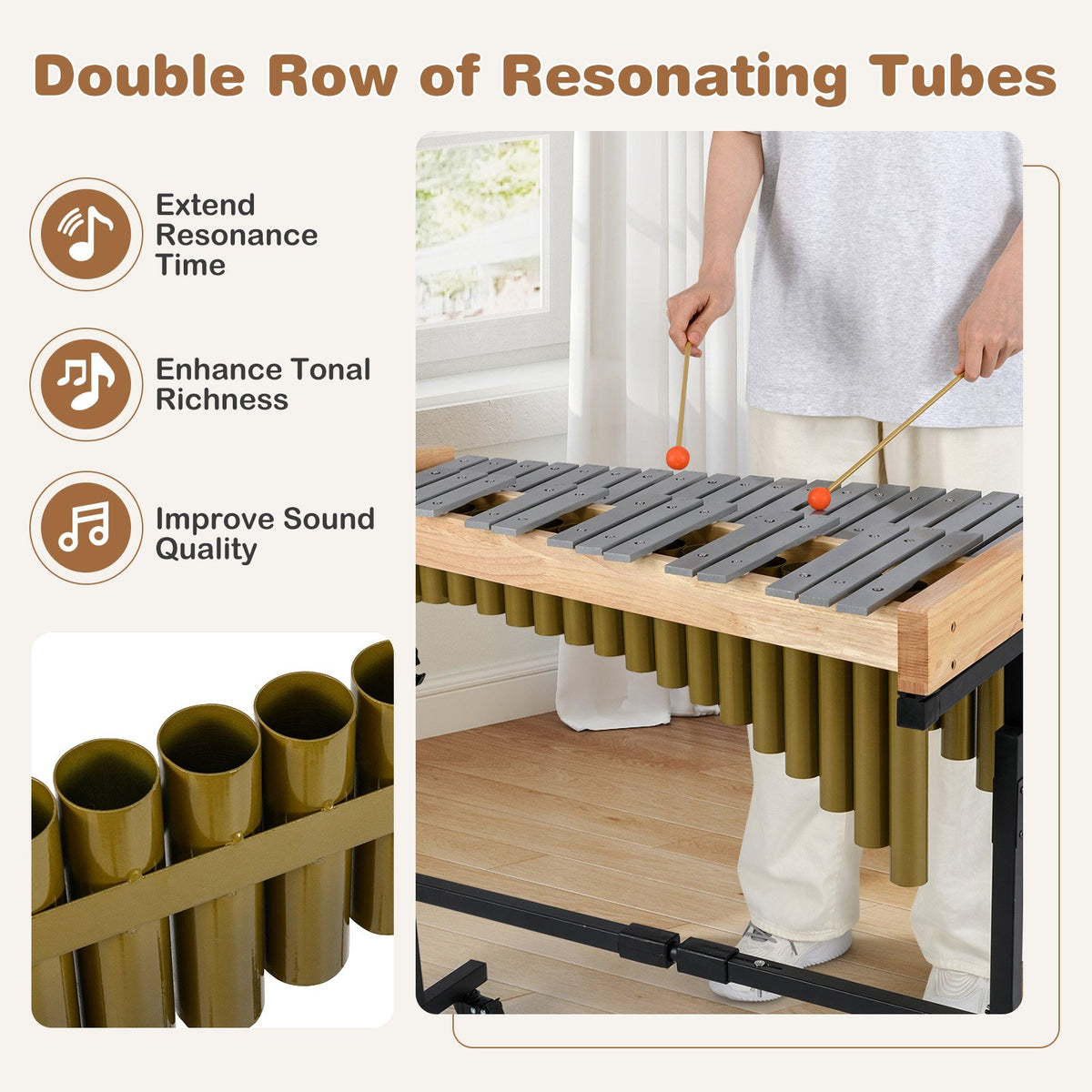 32 Note Marimba Aluminum Xylophone with Rubber Wood Base-Golden view 7