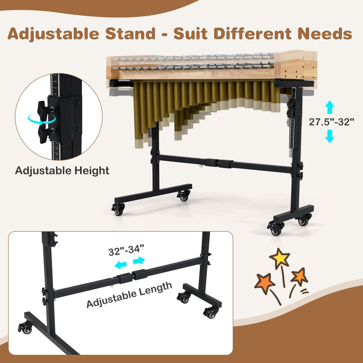 32 Note Marimba Aluminum Xylophone with Rubber Wood Base-Golden view 8