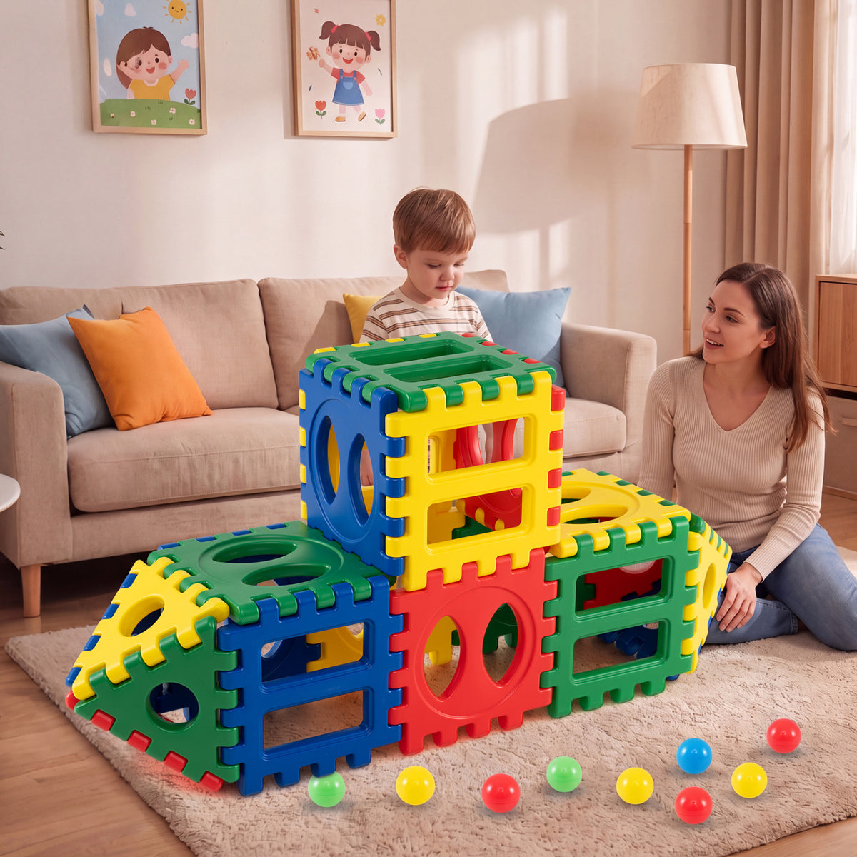 32-Piece Oversized Waffle Block Set with 10 Ocean Balls Easy-to-Use Grid Building Toys view 2