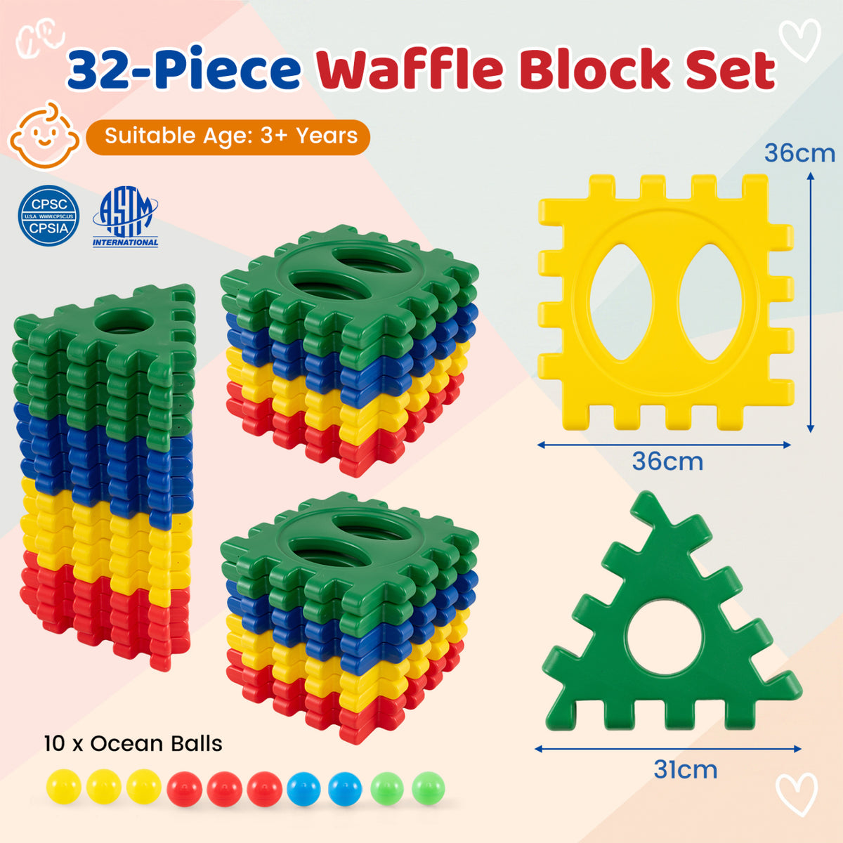 32-Piece Oversized Waffle Block Set with 10 Ocean Balls Easy-to-Use Grid Building Toys view 5