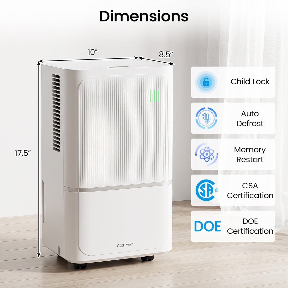 15 L Dehumidifier for Home with Drain Hose & Intelligent Control 2500 Sq.Ft-White view 3