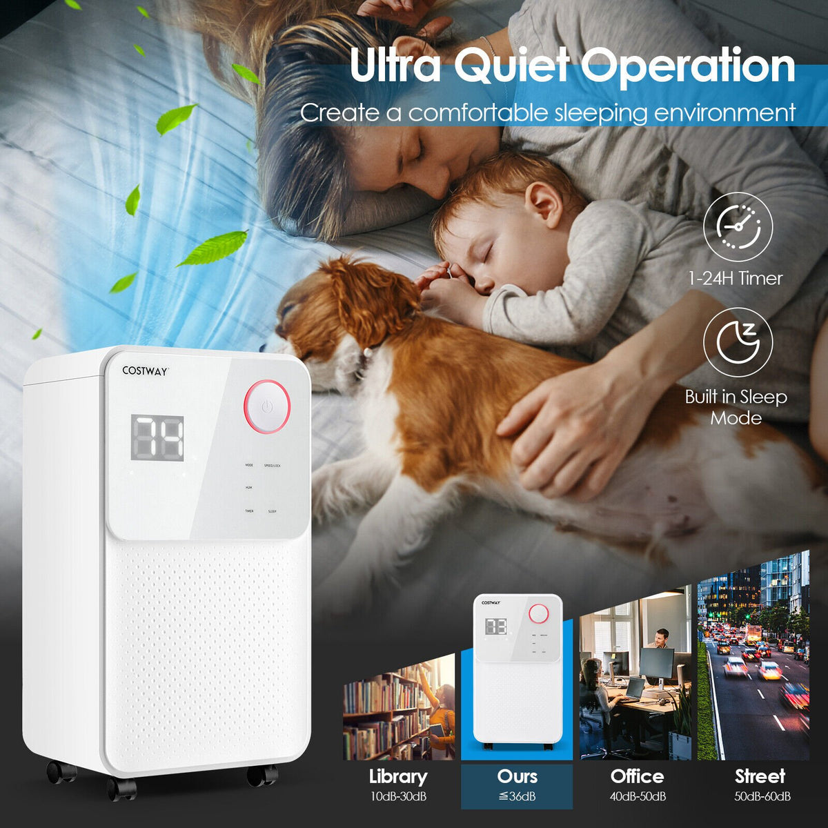 32 Pints 2000 Sq. Ft Dehumidifier for Home and Basements with 3-Color Digital Display-White view 2