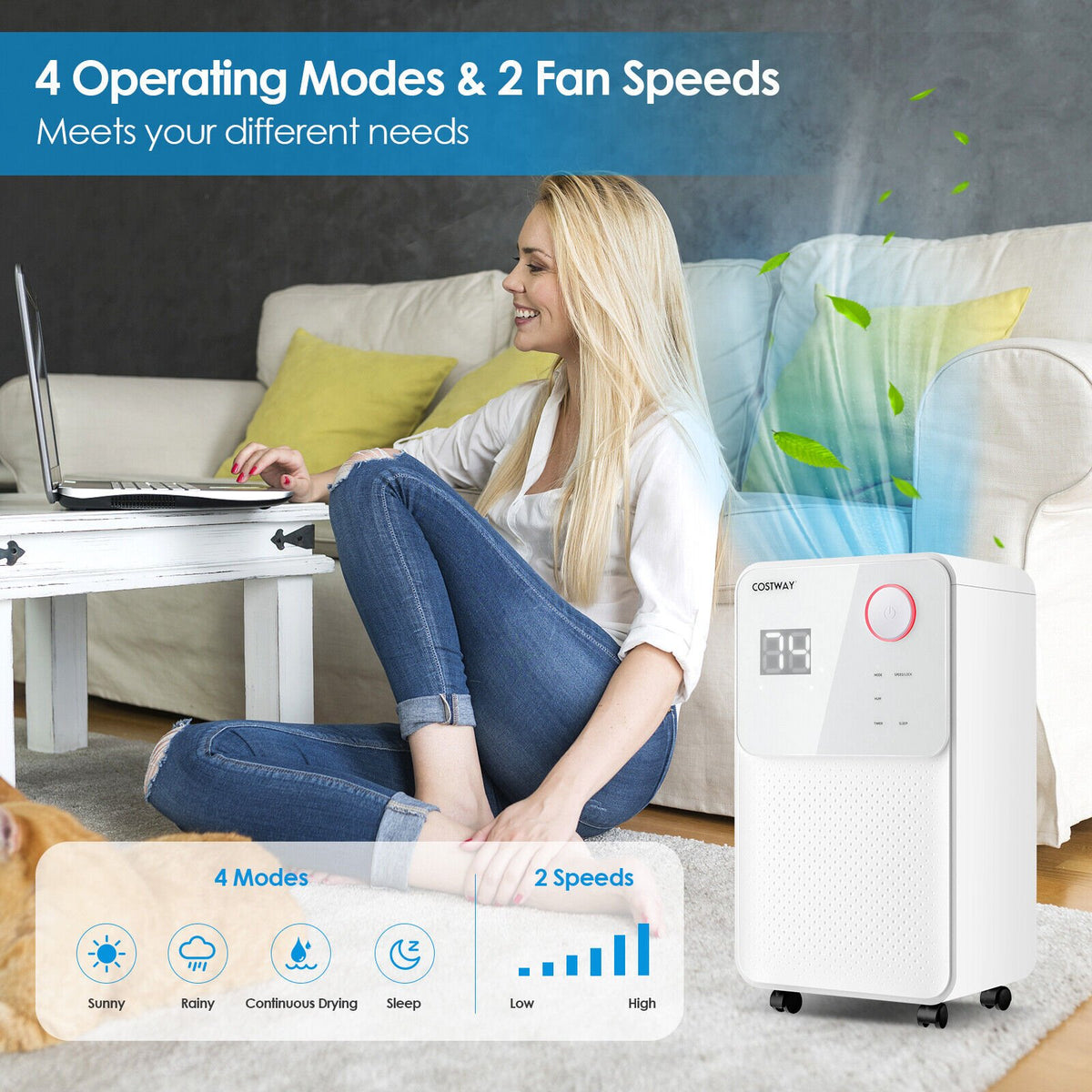 32 Pints 2000 Sq. Ft Dehumidifier for Home and Basements with 3-Color Digital Display-White view 3