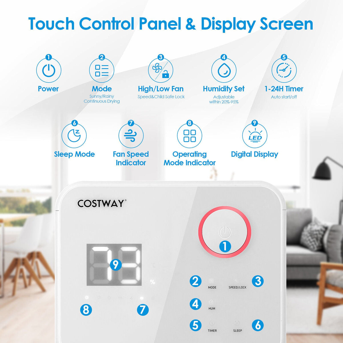 32 Pints 2000 Sq. Ft Dehumidifier for Home and Basements with 3-Color Digital Display-White view 7