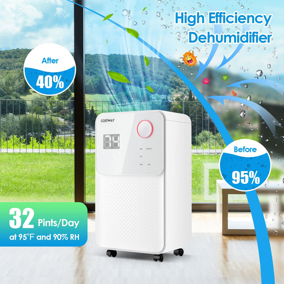 32 Pints 2000 Sq. Ft Dehumidifier for Home and Basements with 3-Color Digital Display-White view 8