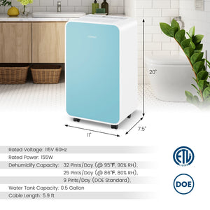 32 Pints/Day Portable Quiet Dehumidifier for Rooms up to 2500 Sq. Ft-Blue view 4