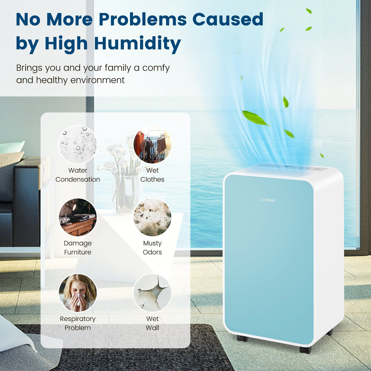 32 Pints/Day Portable Quiet Dehumidifier for Rooms up to 2500 Sq. Ft-Blue view 9