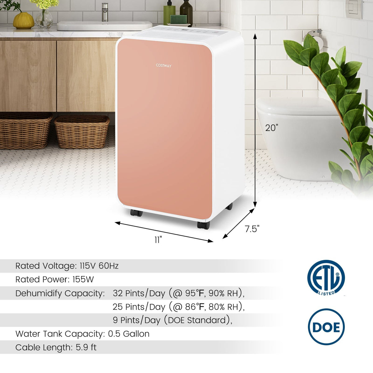 32 Pints/Day Portable Quiet Dehumidifier for Rooms up to 2500 Sq. Ft-Pink view 4